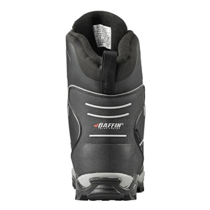 Rear view of black Baffin winter boot showing heel detail and brand logo