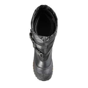 Top view of a black winter boot with a buckle strap closure