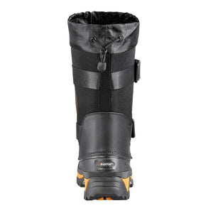 Rear view of black and orange Baffin winter boot with drawstring collar and strap closure