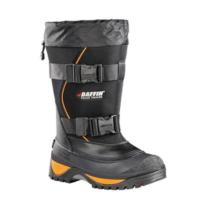 Baffin black winter boot with two buckle straps and orange accents