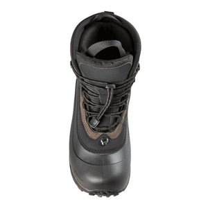 Top view of a black winter boot with a toggle lace system