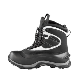 Black and white winter hiking boot with lace up closure and rubber sole