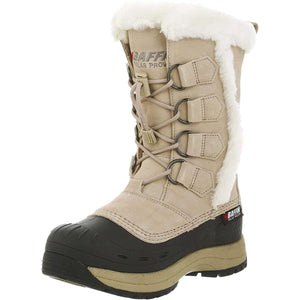 Baffin tan winter boot with white faux fur trim and lace up closure