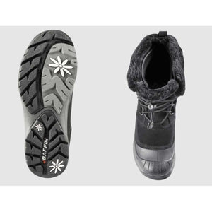 Baffin black winter boot showing the treaded sole and faux fur lined interior