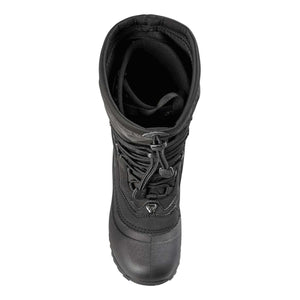 Top view of black winter boot with toggle lacing system