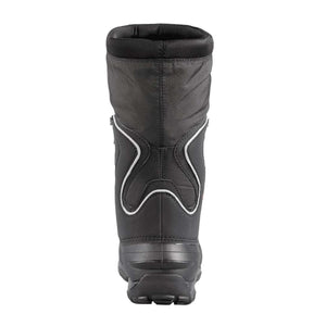 Back view of a black insulated winter boot with reflective trim
