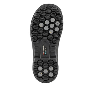 Black Baffin IceBite boot outsole with hexagonal tread pattern