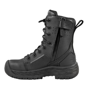Black tactical boot with side zipper and lace up closure