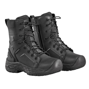 Black waterproof tactical boots with side zippers and lace up closure