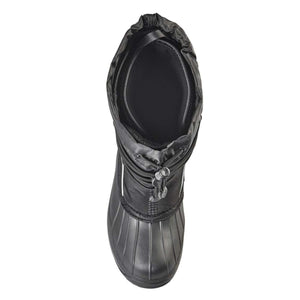 Top view of black winter boot with drawstring closure
