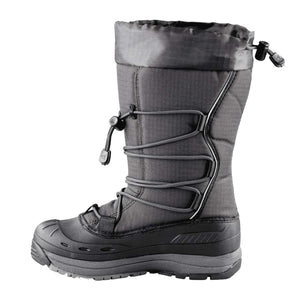 Grey winter boot with black rubber base and elastic toggle lacing system