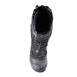 Top down view of a black insulated winter boot with a toggle lace system