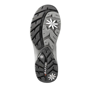 Baffin boot outsole with grey and black tread pattern and flower icons