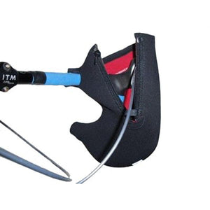 Black neoprene bicycle handlebar mitt attached to a blue and black ITM handlebar