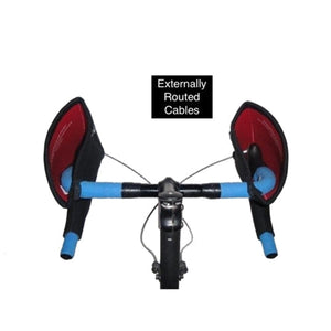 Bicycle handlebars with externally routed cables and black and red bar mitts