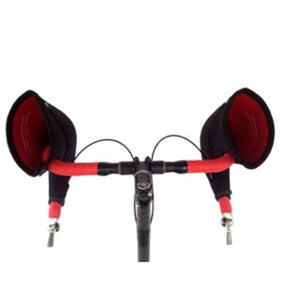 Black and red bicycle handlebar mitts attached to drop handlebars