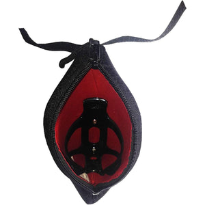 Black zippered storage pouch with red interior lining containing a black plastic bottle cage