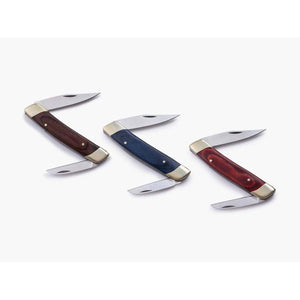 Three Barebones folding pocket knives with wooden handles and brass bolsters