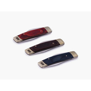Three Barebones folding pocket knives with red brown and blue wood handles