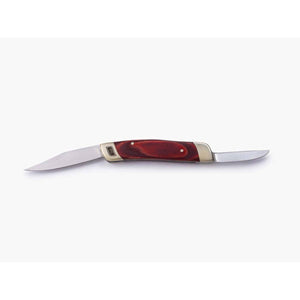 Barebones folding pocket knife with two open blades and a wood handle