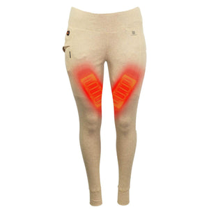 Mobile Warming beige thermal leggings with highlighted red heating elements on the thighs