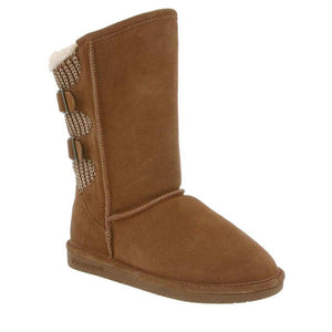 Bearpaw brown suede mid calf boot with knit back panel and two side buckles