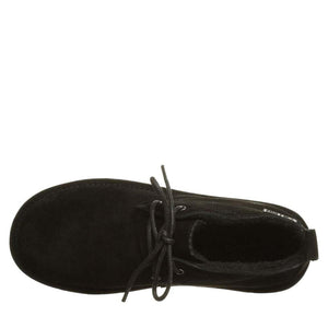 Top view of a black Bearpaw suede lace up boot