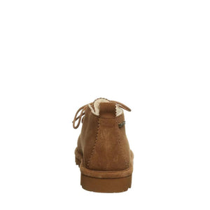 Rear view of Bearpaw brown suede ankle boot with shearling lining