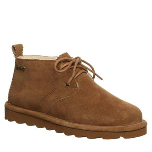 Bearpaw brown suede lace up ankle boot with shearling lining and thick rubber sole