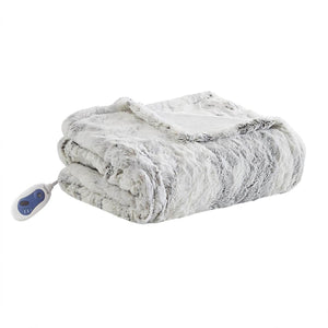 Beautyrest white and grey faux fur electric heated throw blanket with controller