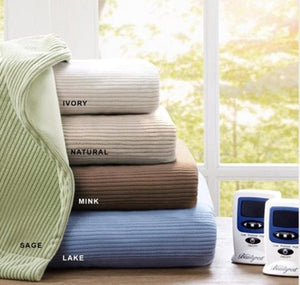 Stacked Beautyrest ribbed electric blankets in ivory natural mink sage and lake colors with two controllers
