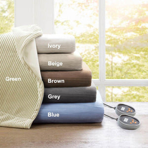 Beautyrest heated blankets stacked in ivory beige brown grey blue and green with controllers