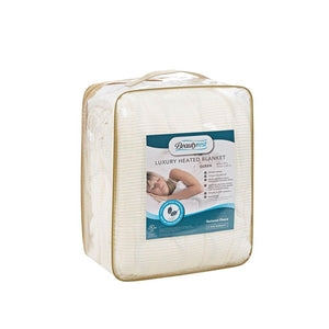Beautyrest queen size luxury heated textured fleece blanket in clear plastic storage bag
