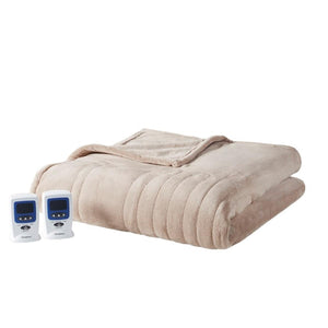 Beige electric heated blanket with two digital controllers
