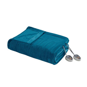 Folded teal electric heated blanket with two digital controllers