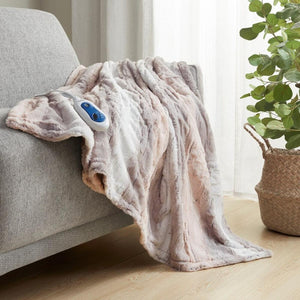 Beautyrest faux fur heated throw blanket draped over a grey sofa