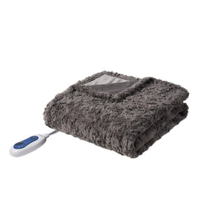 Beautyrest grey faux fur electric heated throw blanket with controller