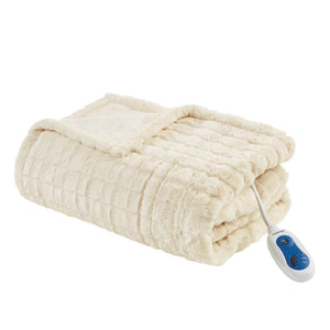 Beautyrest cream colored faux fur heated throw blanket with controller