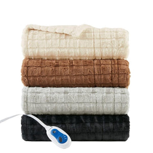 Stack of four Beautyrest textured electric blankets in cream brown grey and black with a remote control