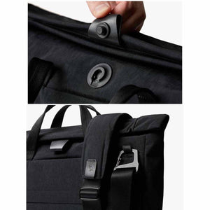 Close up of Bellroy bag magnetic closure and strap hardware