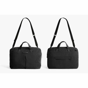 Front and back view of a black Bellroy laptop briefcase with shoulder strap