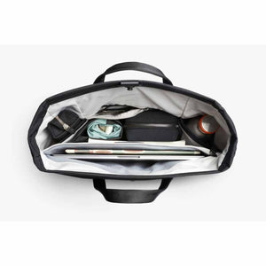 Top view of open Bellroy tote bag filled with laptop and accessories