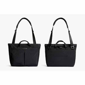 Front and back view of a black Bellroy tote bag with shoulder strap and carry handles