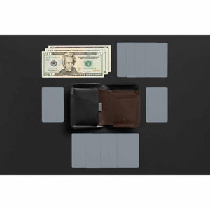 Open Bellroy wallet surrounded by US twenty dollar bills and blank grey cards