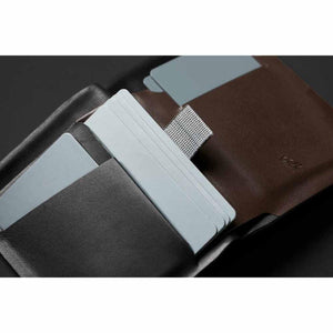 Bellroy leather wallet with pull tab mechanism showing stacked cards