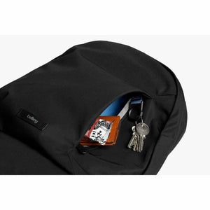 Bellroy backpack front pocket open showing keys and wallet