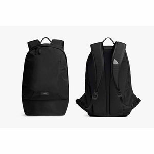 Front and back view of a black Bellroy backpack with adjustable shoulder straps