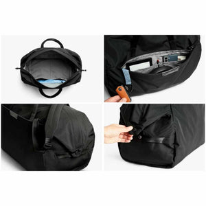 Bellroy black duffel bag showing interior compartments and external pocket organization