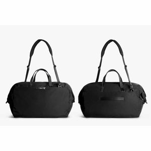 Front and back view of a black Bellroy duffel bag with shoulder strap and carry handles