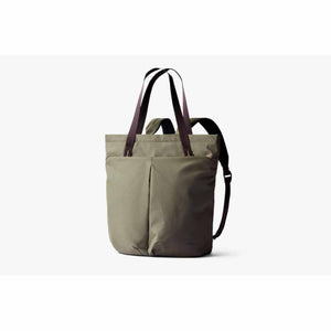 Bellroy olive green tote backpack with dark brown straps